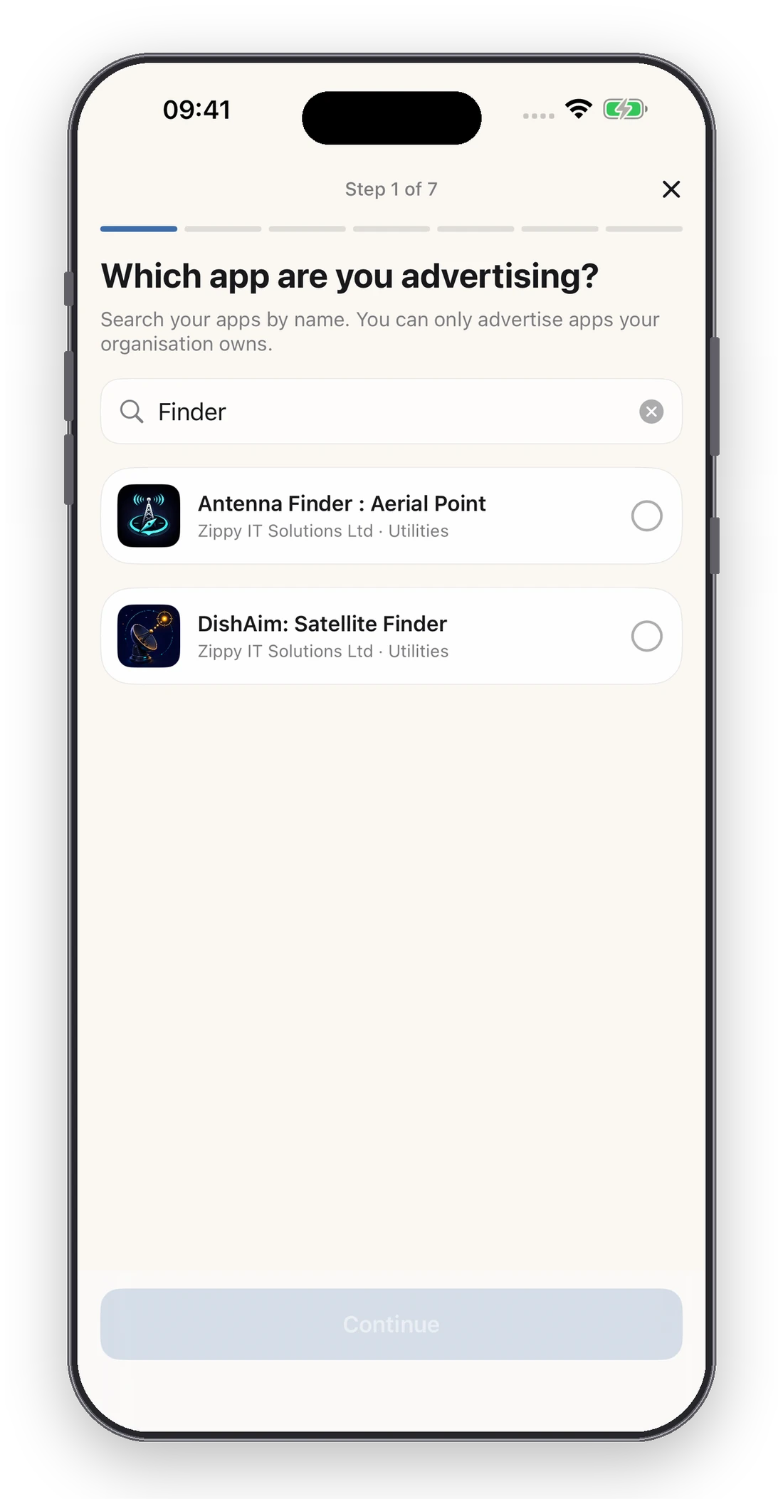 The Adrix campaign creation wizard, starting with a picker for your own app