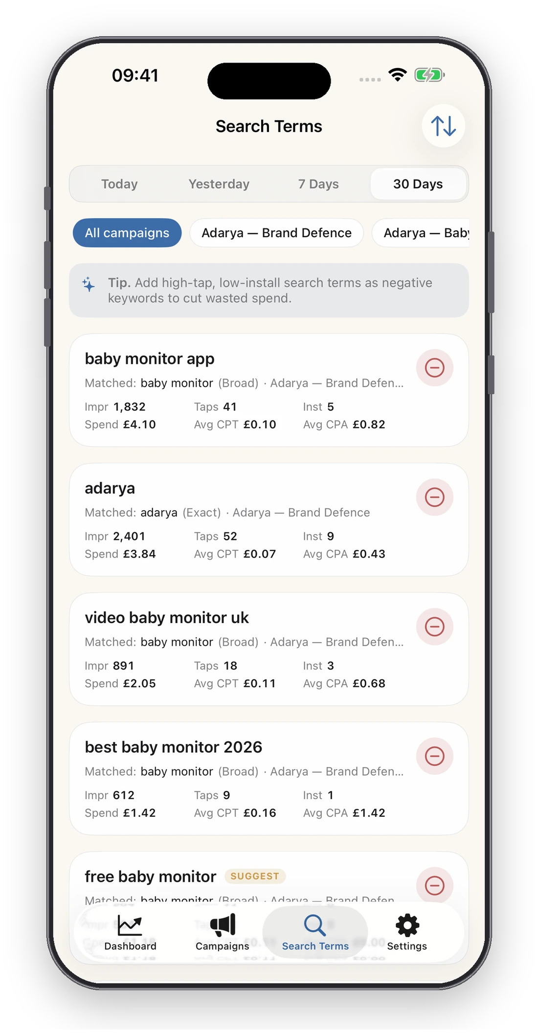 The search terms report in Adrix, with an add-as-negative button on each query